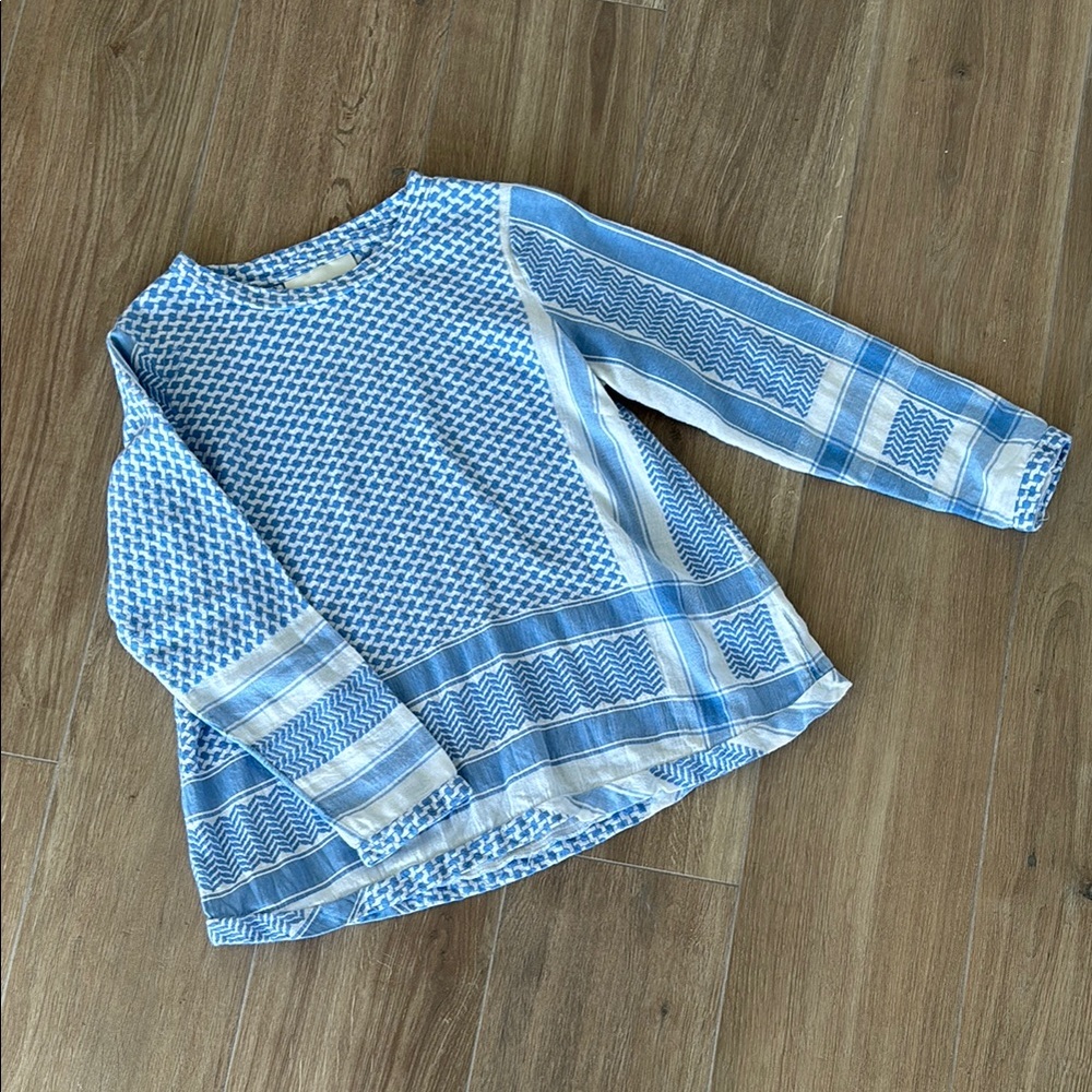Blue and White Long Sleeve Cotton Top with Scarf Pattern